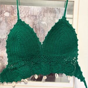 Handmade Crocheted Shell-Trim Bralette in Emerald Green
